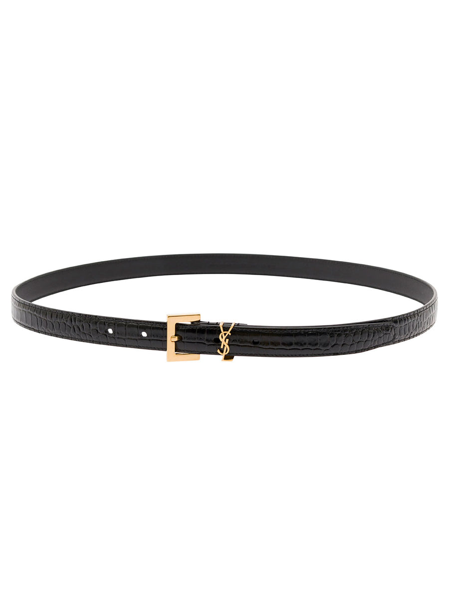 Leather Belt Cassandre Crocodile-Embossed Black
