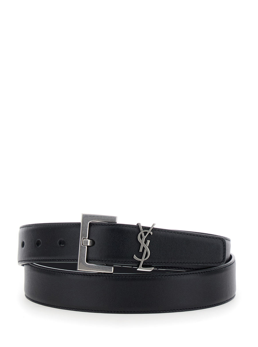 Belt With Cassandre Plate, Black Leather Calf
