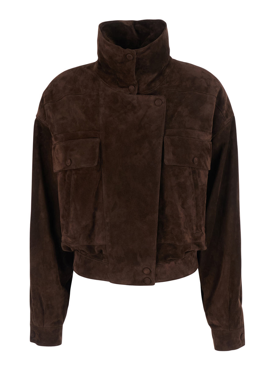 Jacket With Raised Collar Brown Suede Calf Leather Coat