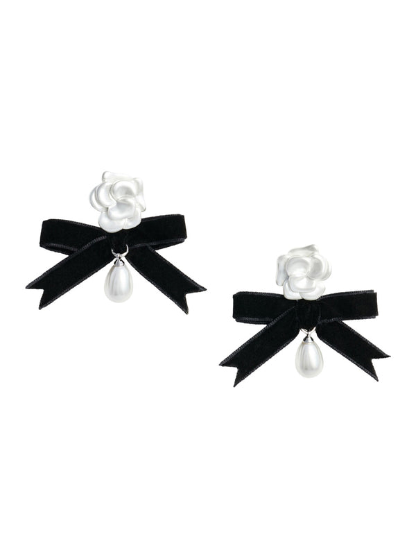 Pearl Black Bow Earrings White Brass