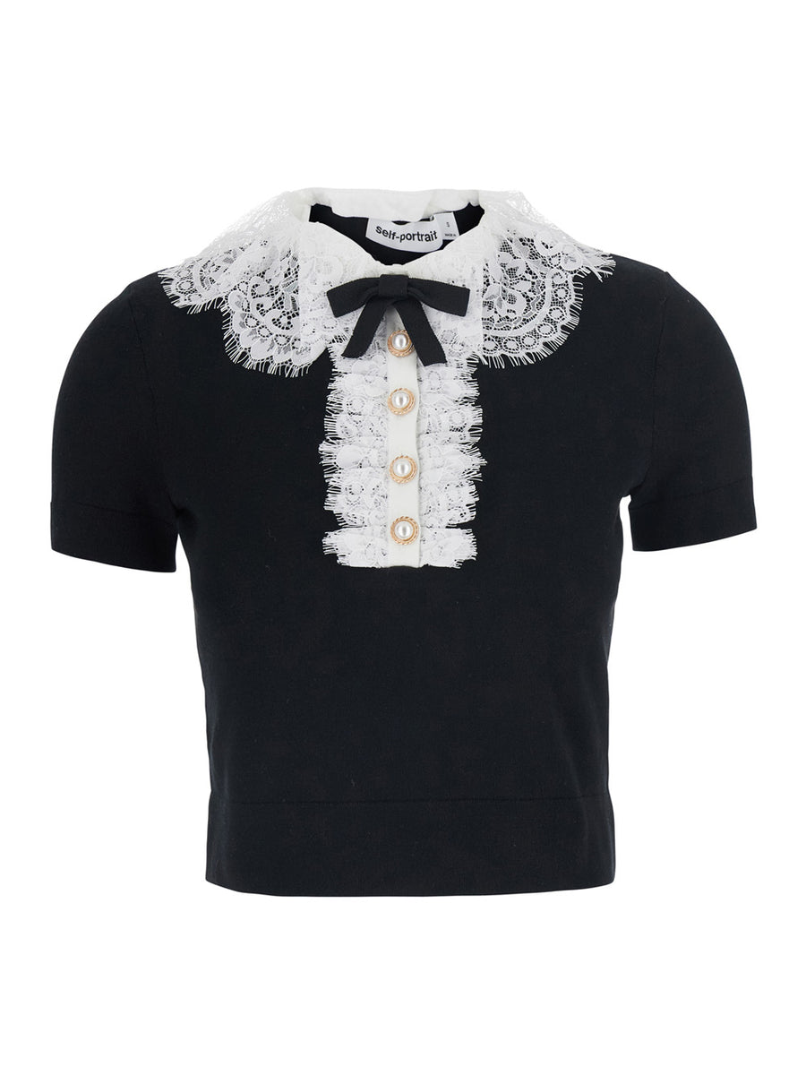 Top With Lace Collar, Black Wool Tops