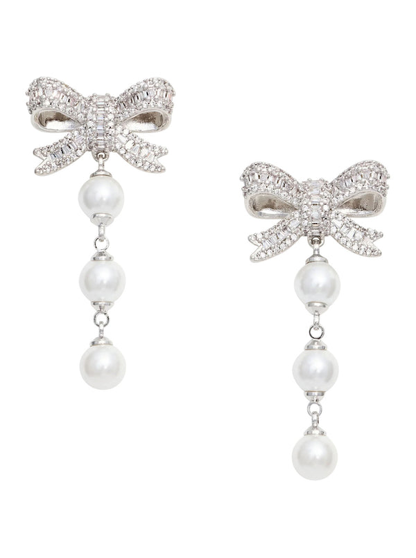 Drop Earrings With Bow And Pearls, Metallic Metal