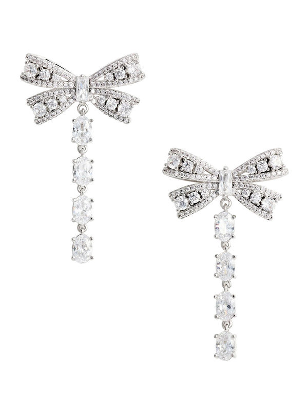 Drop Earrings With Bow And Crystals, Silver Metal Metallic