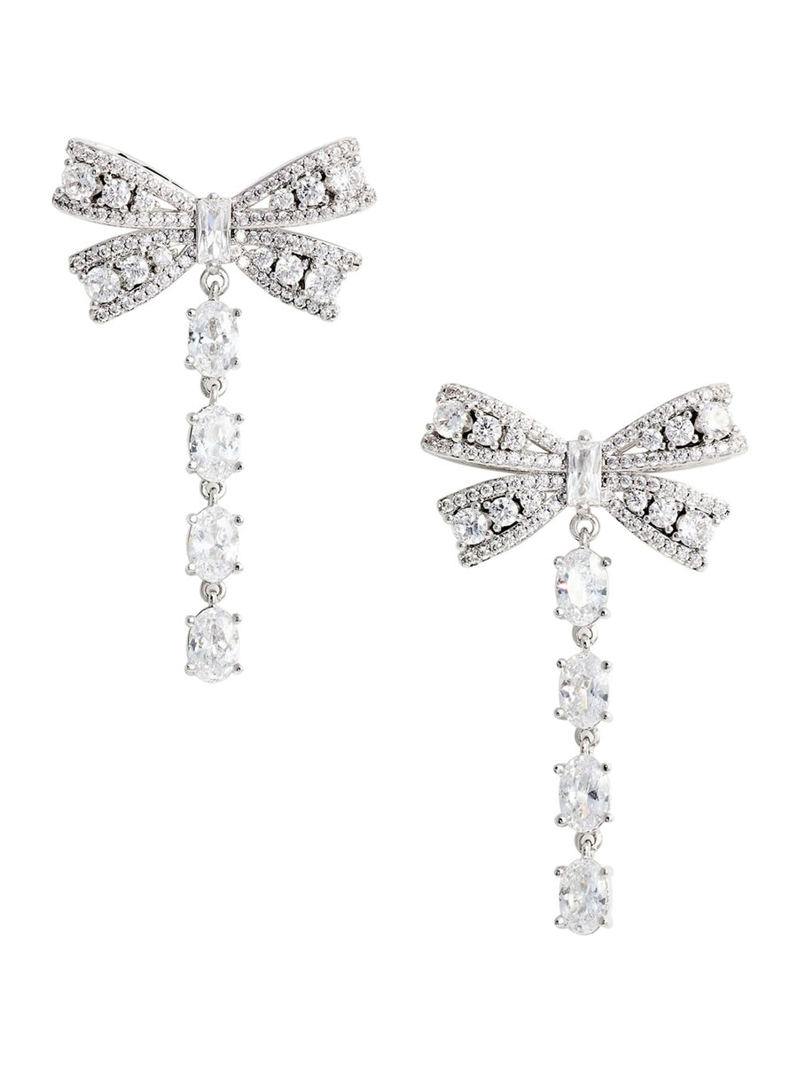 Drop Earrings With Bow And Crystals, Silver Metal Metallic