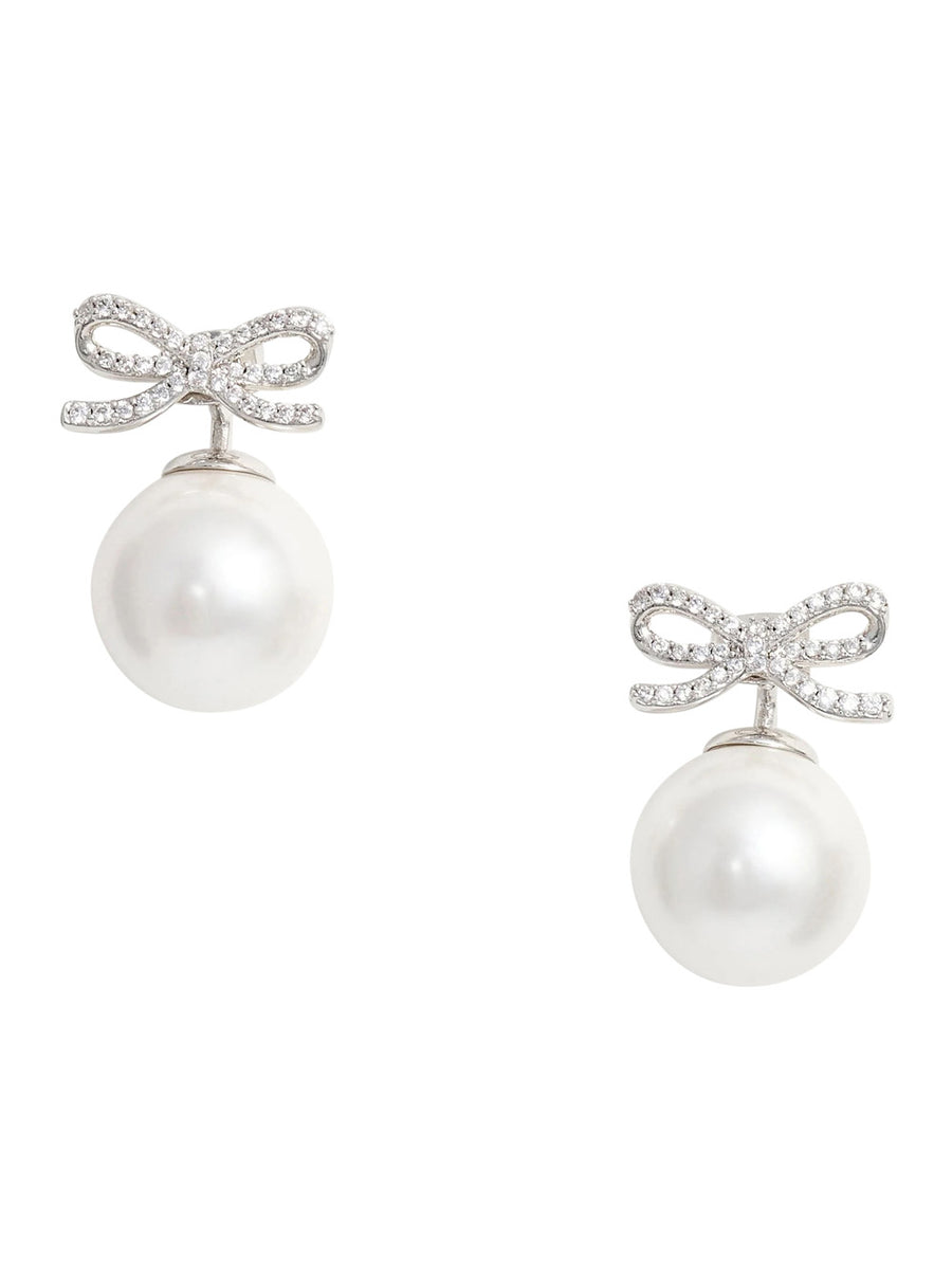 Stud Earrings With Bow And Pearl, Metallic