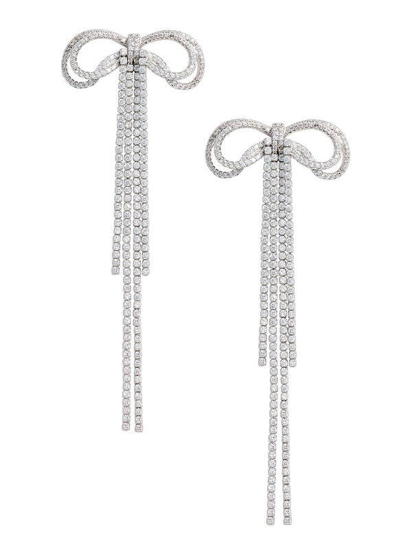 Drop Earrings With Bow And Crystal Detail, Metallic Metal