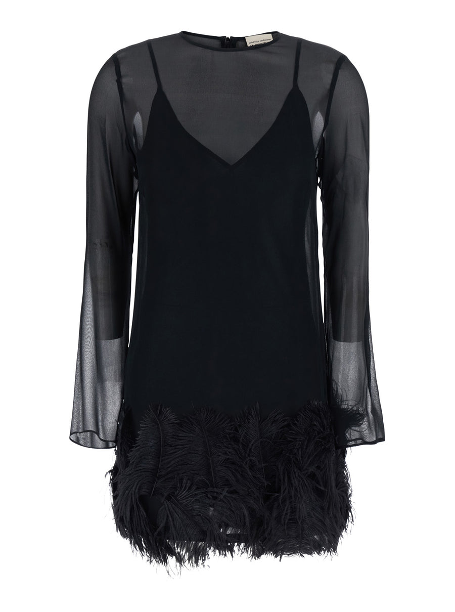 Mini Dress With Feather Details Black