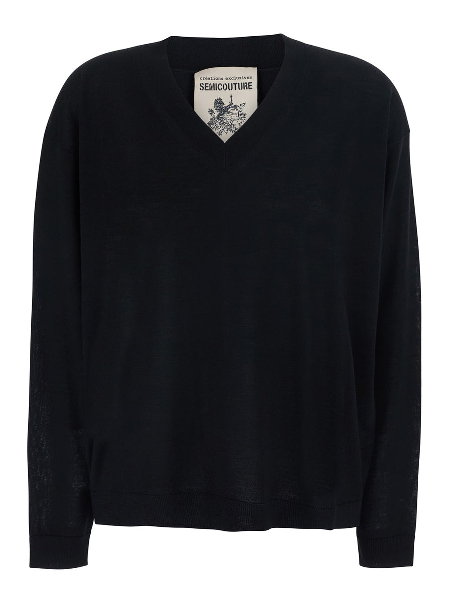 V-Neck Wool Sweater Jade Black Virgin Tops