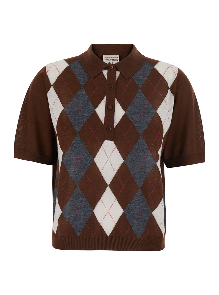 Argyle Polo Sweater Diana Brown Virgin Wool