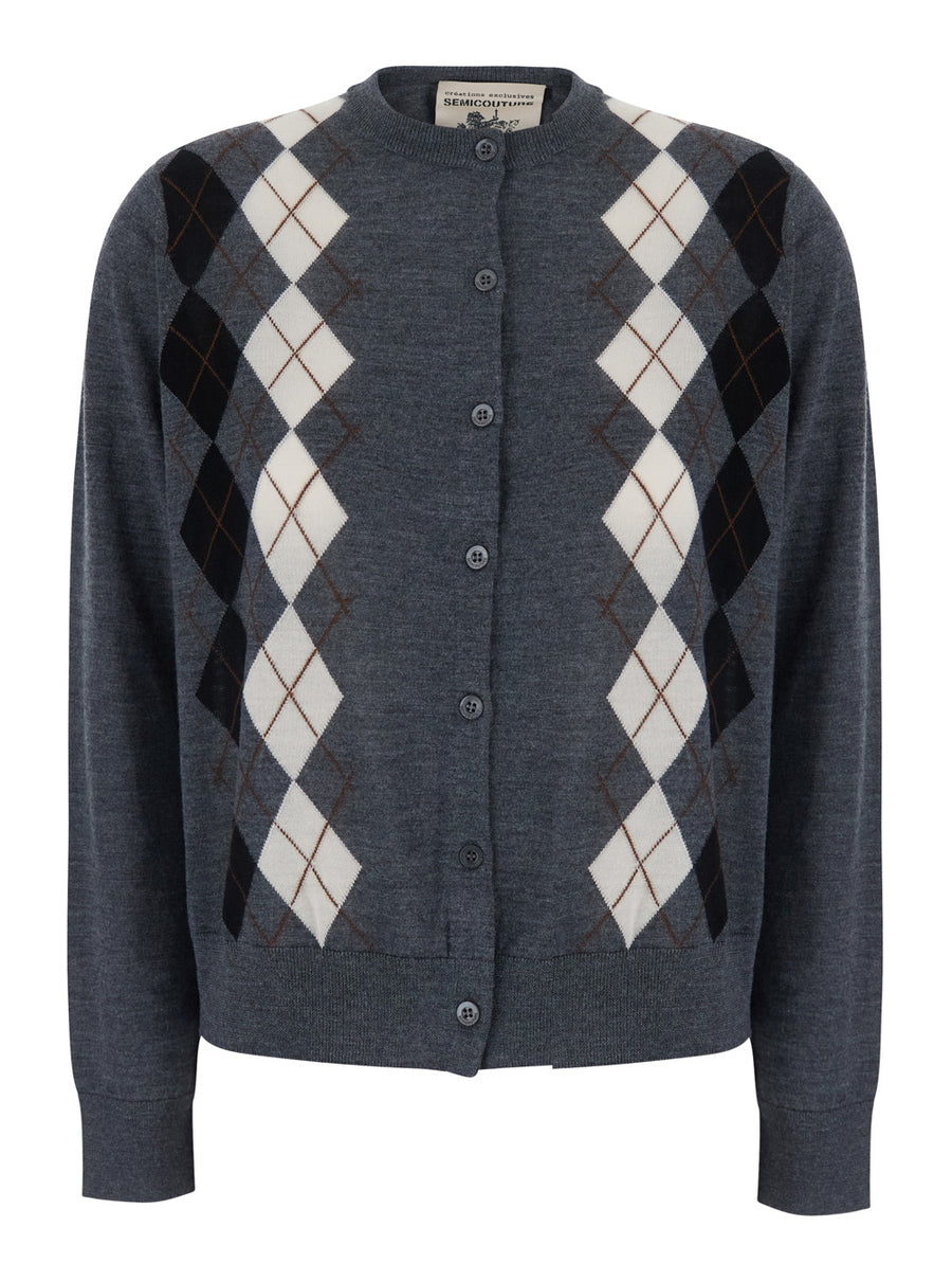 Cardigan Belle Argyle Grey Wool Virgin Tops