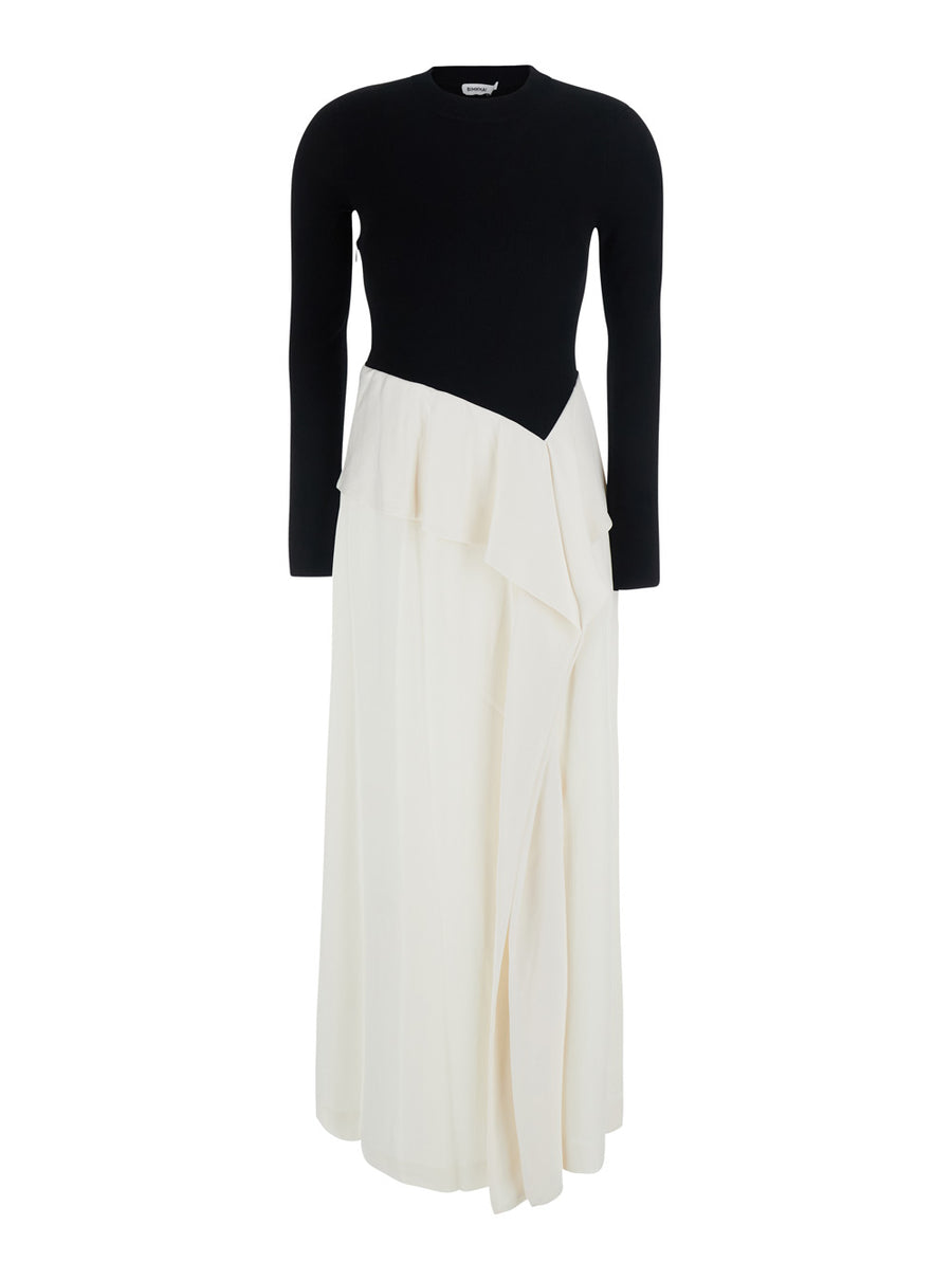Long V-Neck Draped Dress Black Rayon