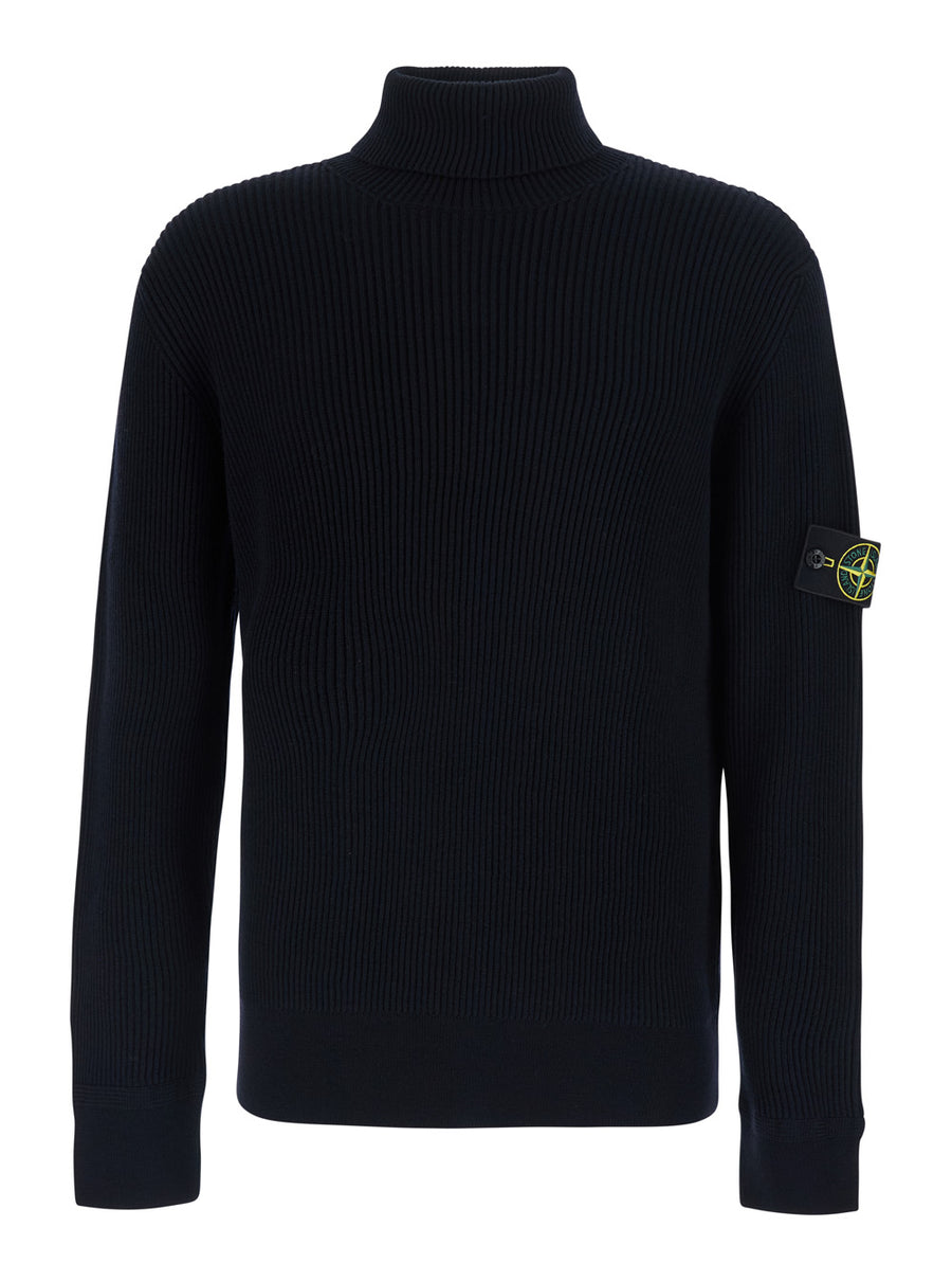 Wool Sweater High Collar Blue Tops