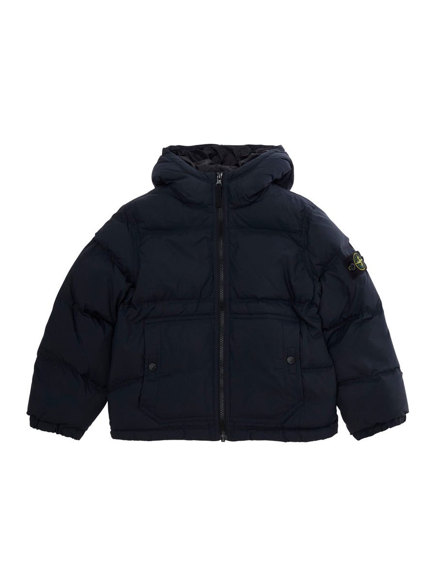 Short Hooded Parka Blue Tech Fabric Padded Jackets