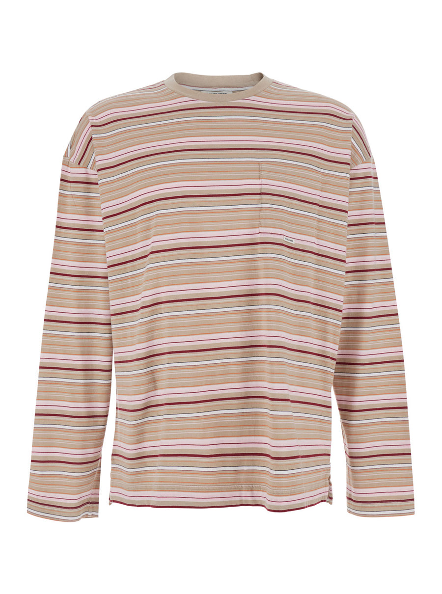 T-Shirt Stripe Ls Pocket Beige Cotton