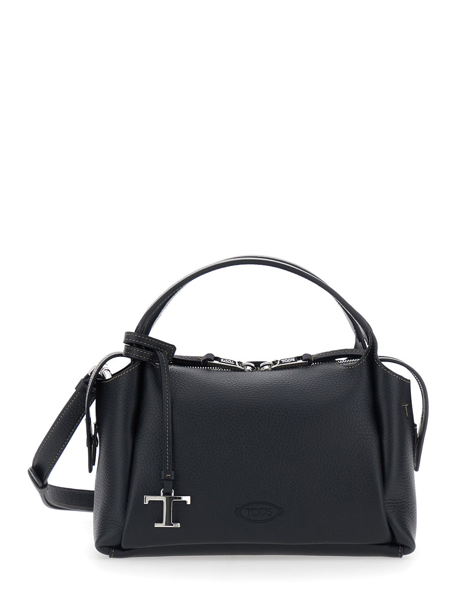Shoulder Bag Black Calf Leather With T Plaque