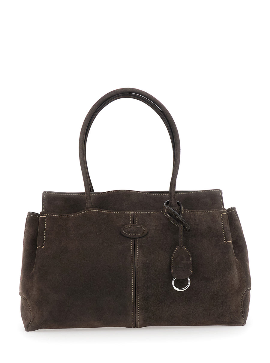 Shoulder Bag With Leather Handles, Brown Calfskin