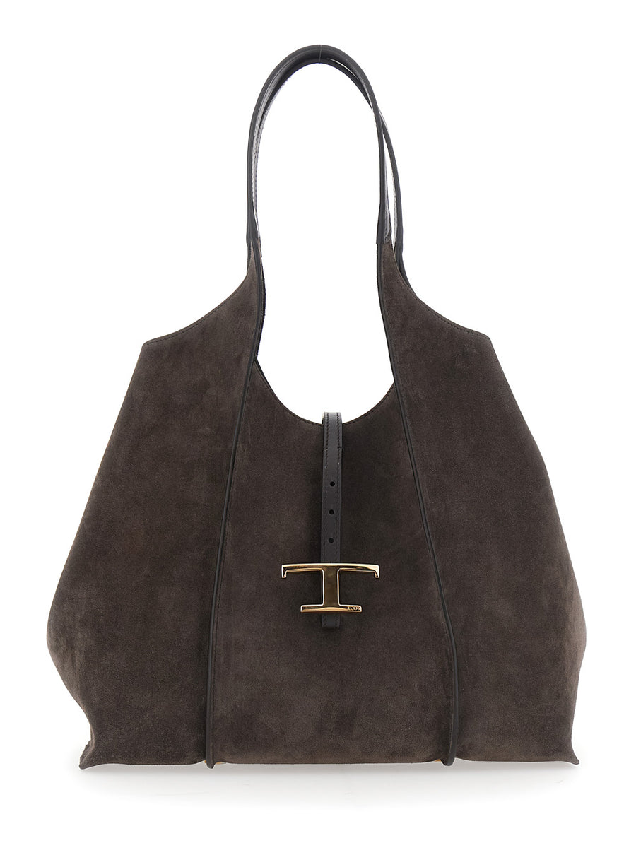 Shoulder Bag Brown Suede Calf Leather
