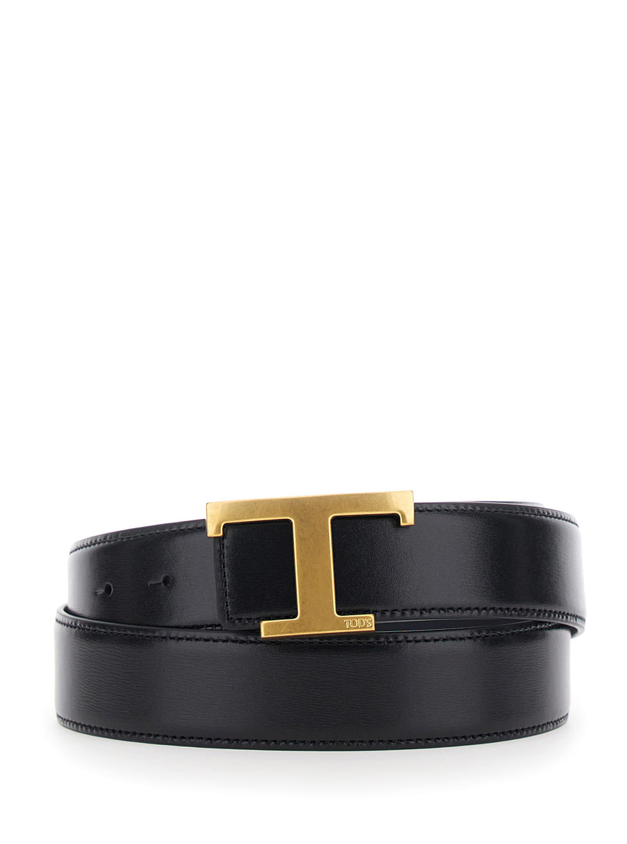 Leather Belt With T Buckle, Black Calf