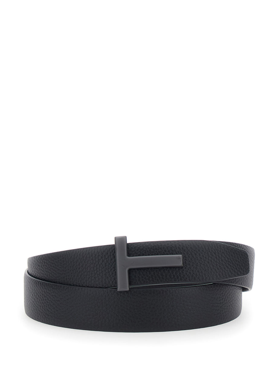 Belt With T Buckle, Black Leather Calf
