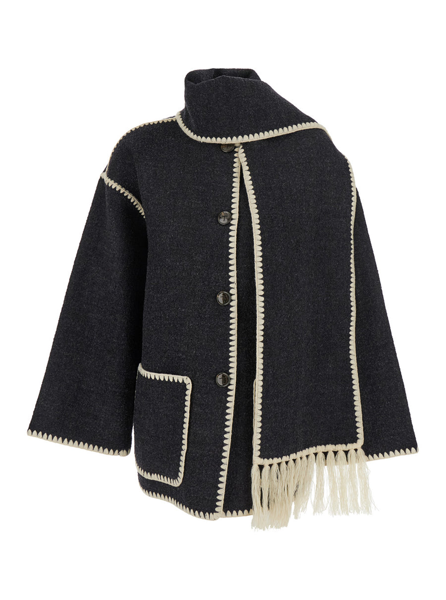 Wool-Blend Jacket With Scarf Detail, Grey Coat