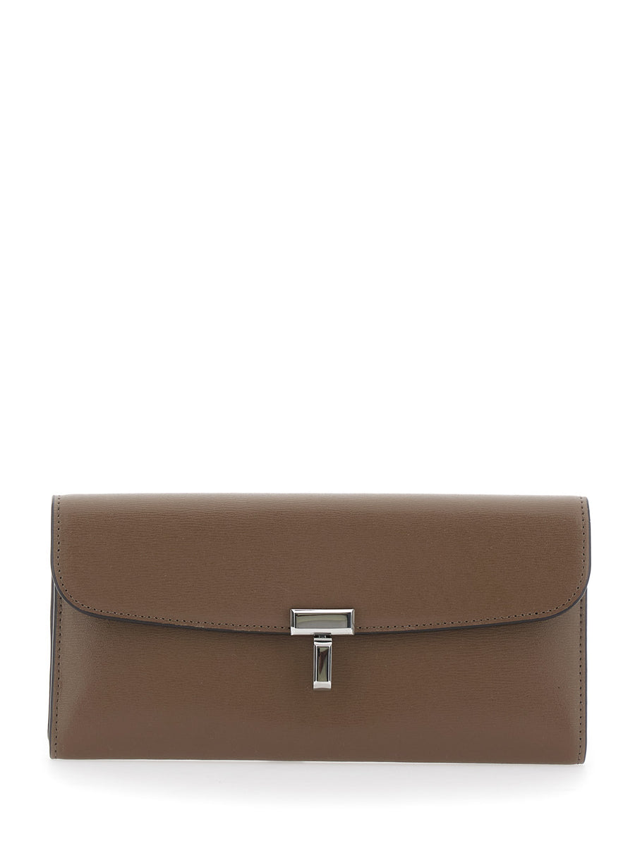 Leather Wallet With T-Lock Closure Beige