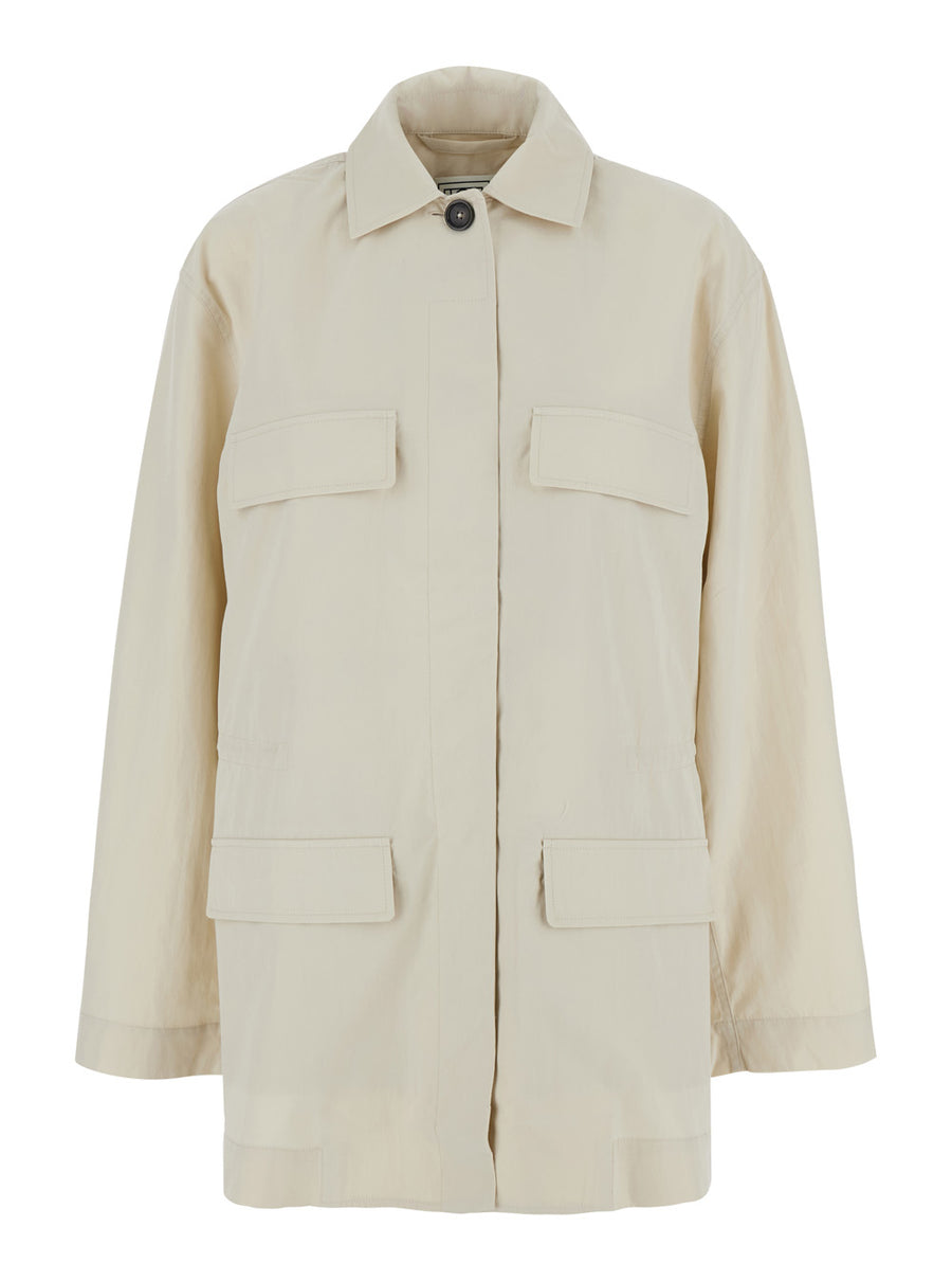 Collared Drawstring Jacket White Organic Cotton Coat