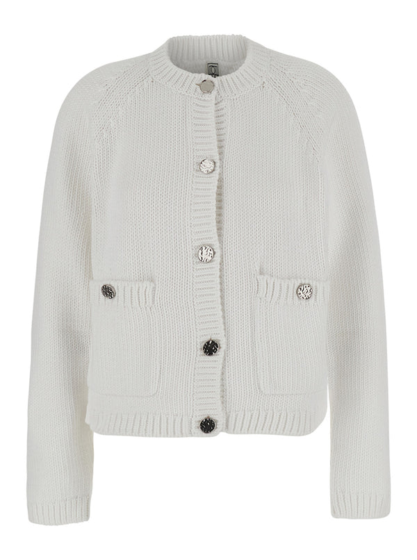 Cotton Crew Neck Cardigan White Tops
