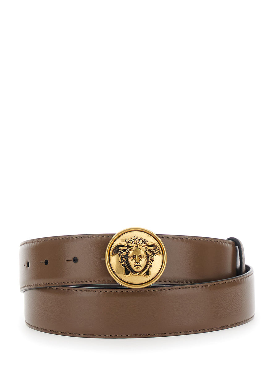 Leather Belt With Medusa Buckle Brown Calf