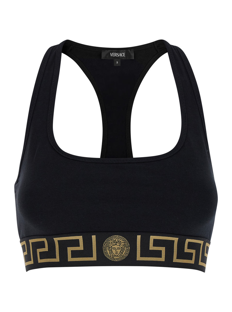 Sports Bra With Greca And Medusa Detail, Black Cotton Tops