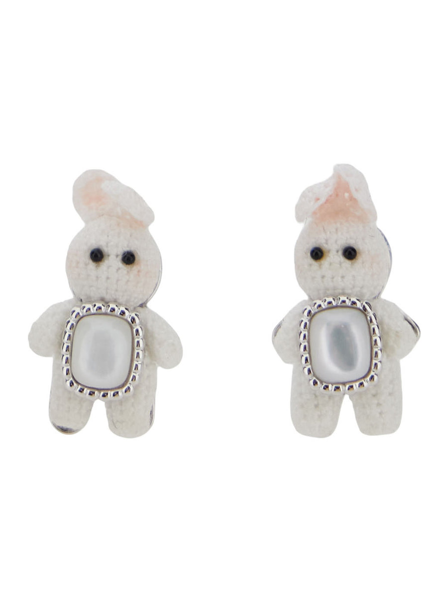 Earrings Woven Mini Rabbit White Mother-Of-Pearl