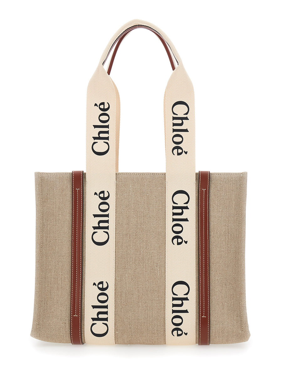 Handbag Woody Medium Beige Linen Tote Bags