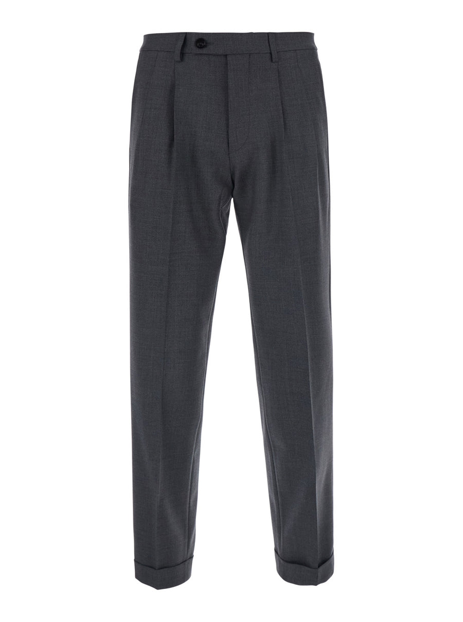 Double Pleated Tech Fabric Trousers Grey Wool