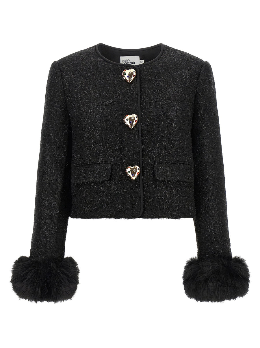 Self-Portrait Bouclé Wool Blend with Fur Cuffs Jacket — Black