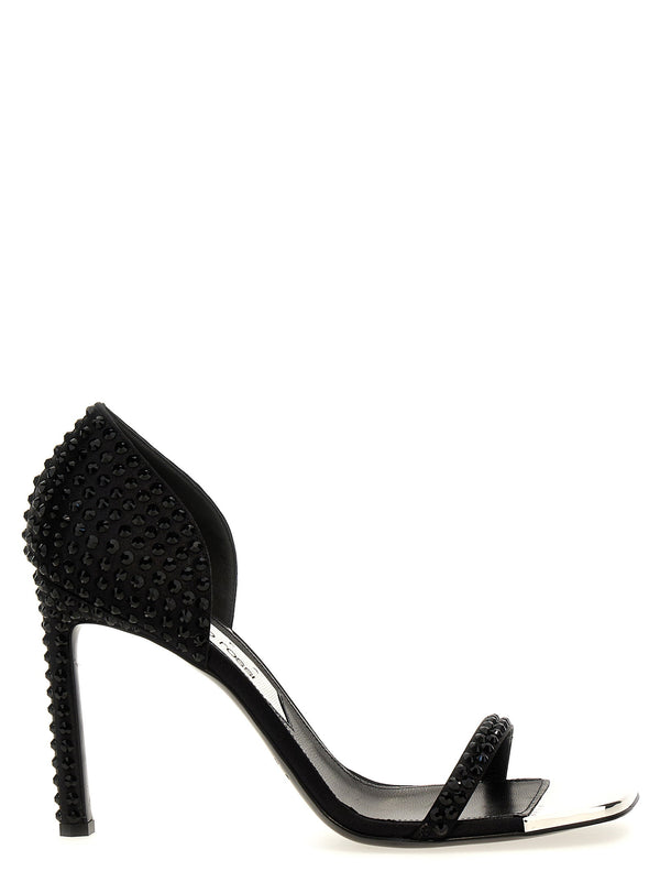 Sergio Rossi Rhinestone-Embellished Satin Sandal Heel — Black