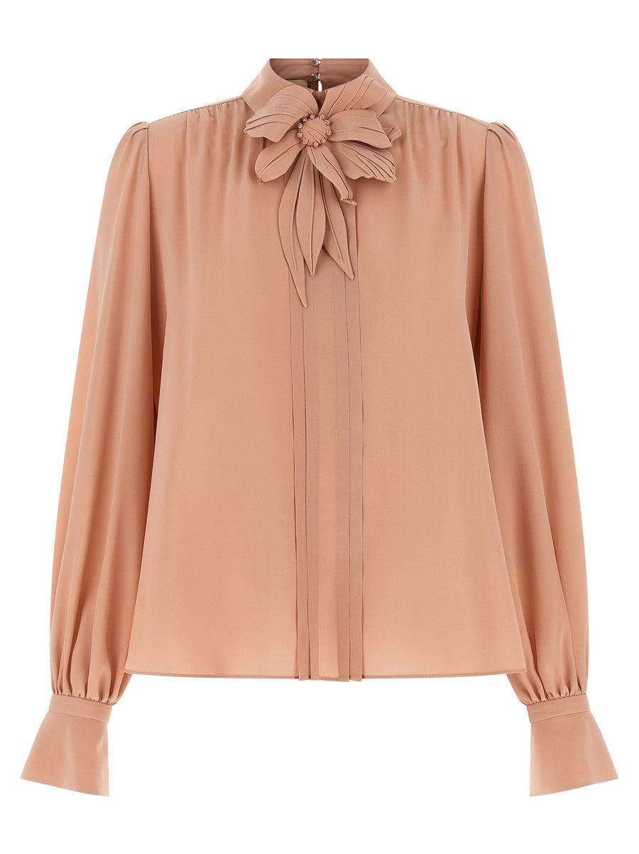 Valentino Garavani Crêpe with Bow Neckline Blouse — Beige