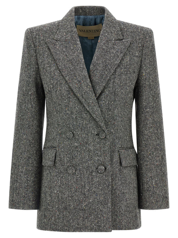Valentino Garavani Double-Breasted Wool Blazer — Grey