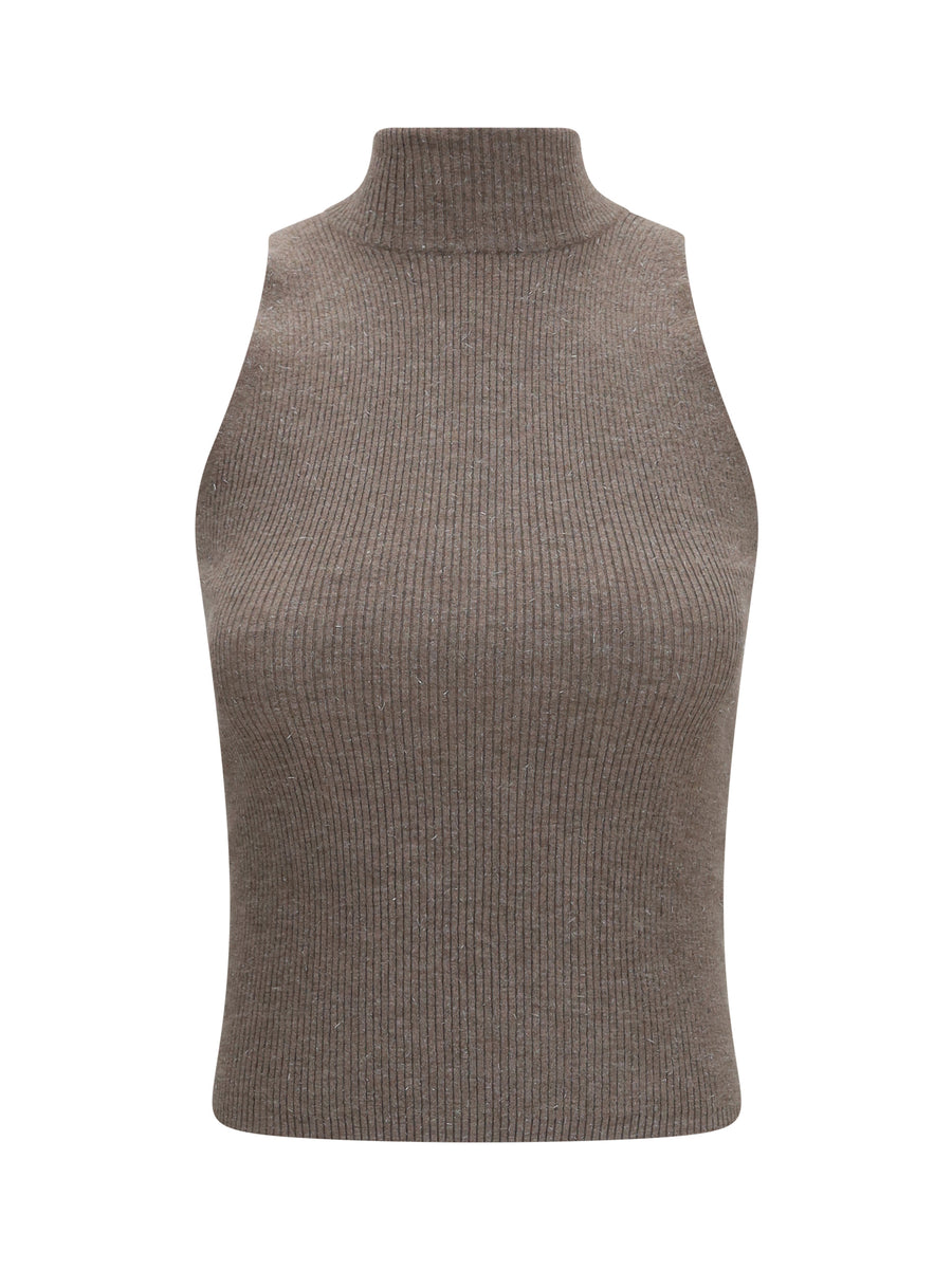 Sleeveless Turtleneck With Luminous Details Brown Top