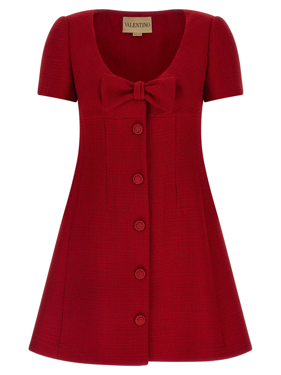 Valentino Garavani Bow-Trimmed Tweed Dress — red
