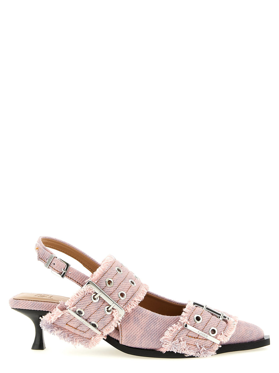 Ganni Buckle-Trimmed Fringed Denim Slingback Heel — Pink