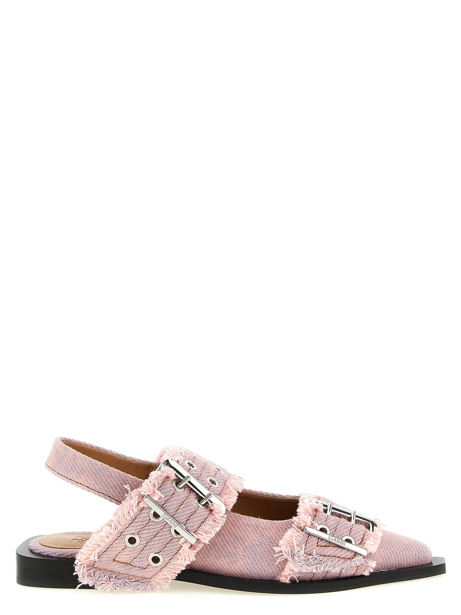 Ganni Buckle-Strap Fringed Denim Flat — Pink