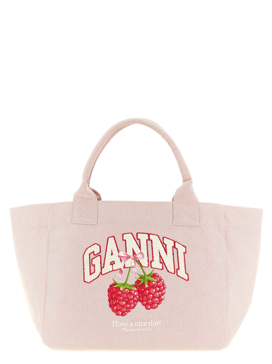 Ganni Raspberry-Embroidered Canvas Tote Bag — Pink