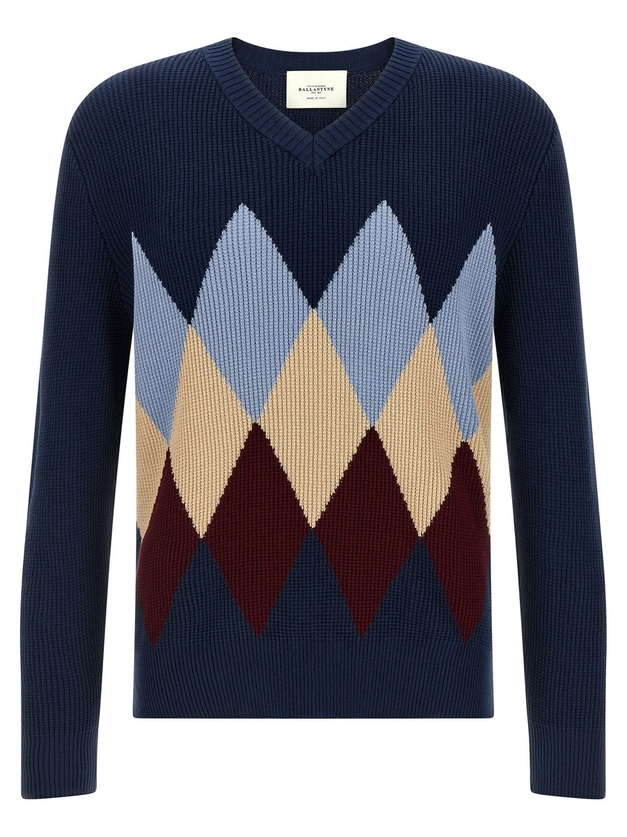 Ballantyne Argyle-Patterned Waffle Knit Sweater — Navy