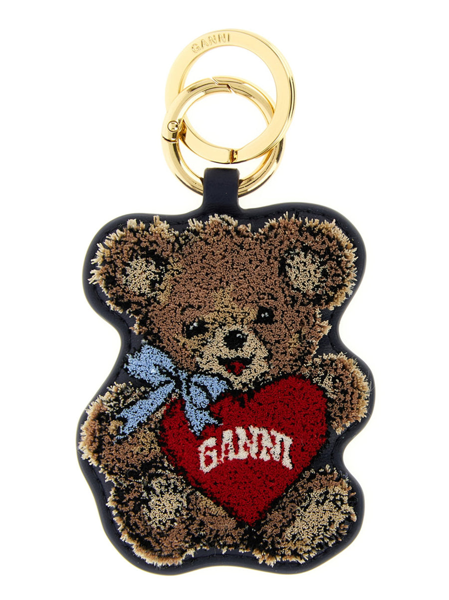Ganni Embroidered Bear Charm Key Case — Navy