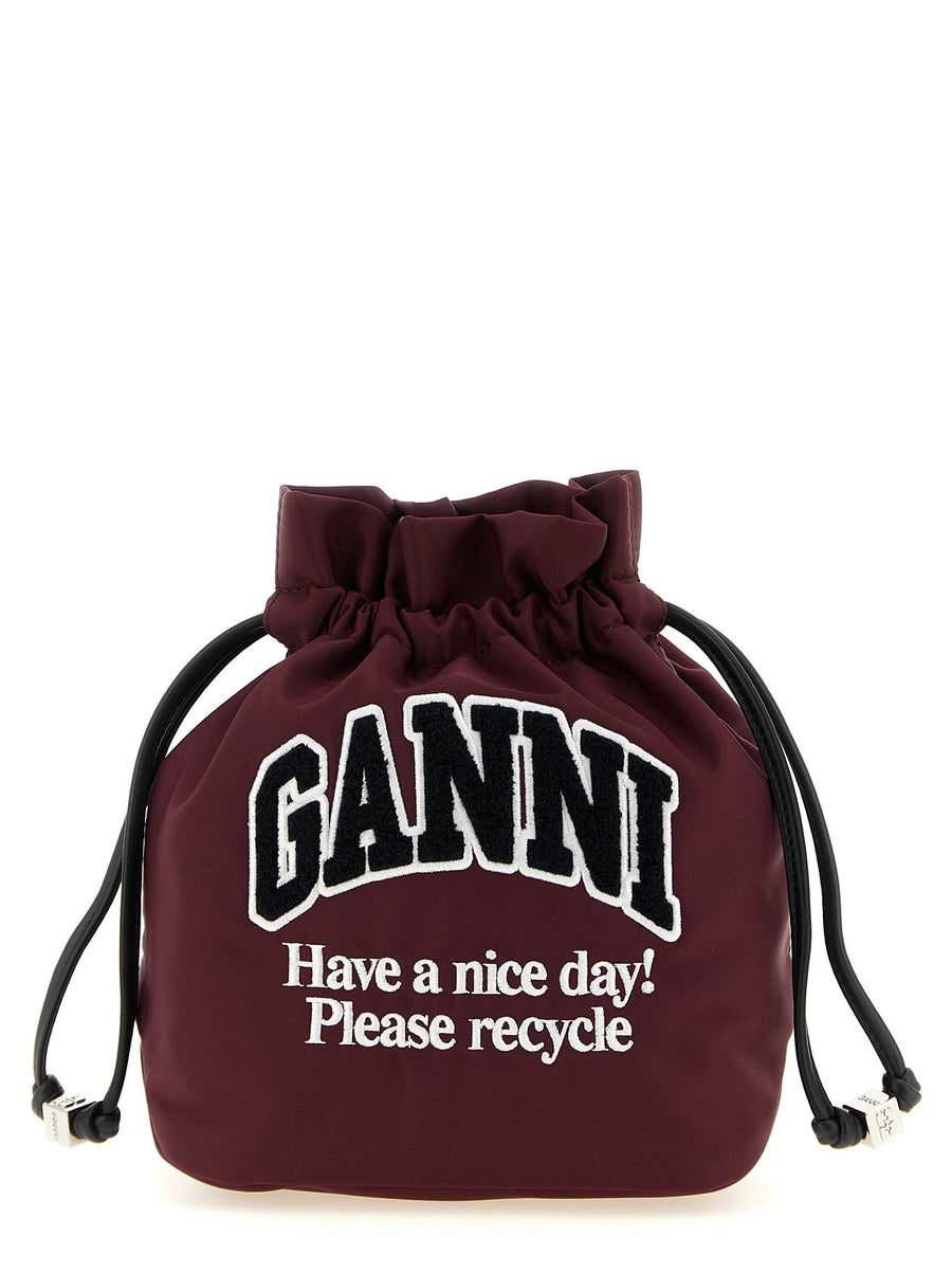 Ganni Logo-Embroidered Bucket Bag — Burgundy