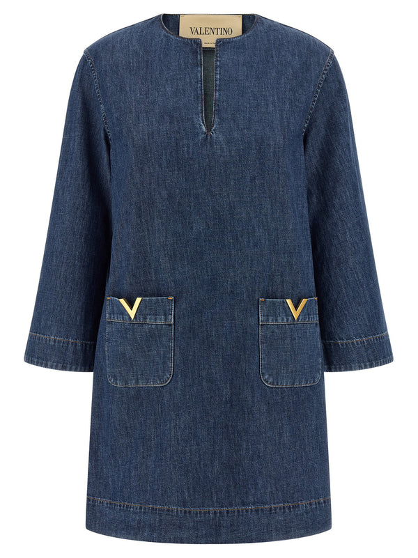 Valentino Garavani V-Gold Embellished Denim Dress — Blue