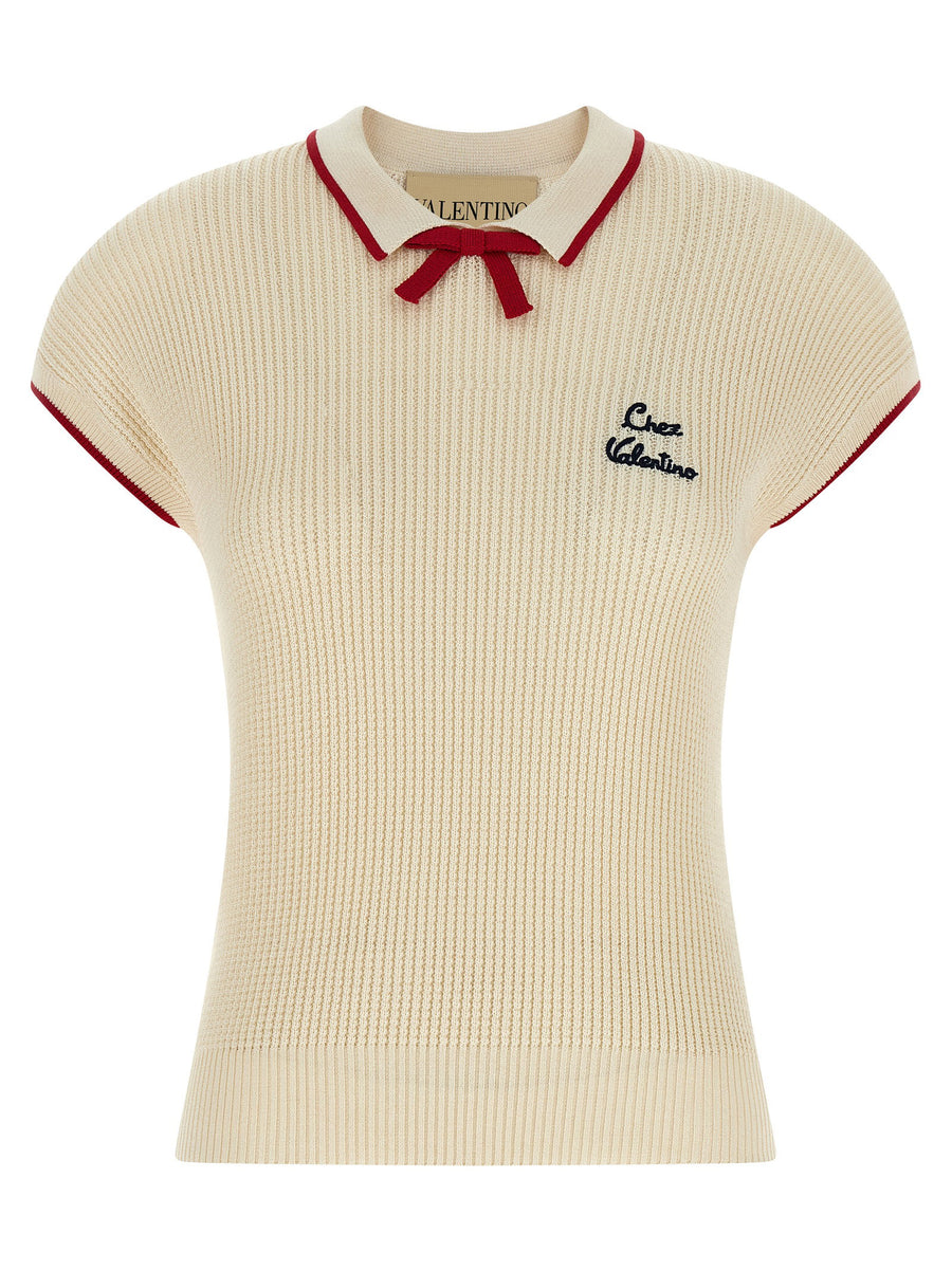 Valentino Garavani Ribbed Knit with Bow Collar Blouse — Cream