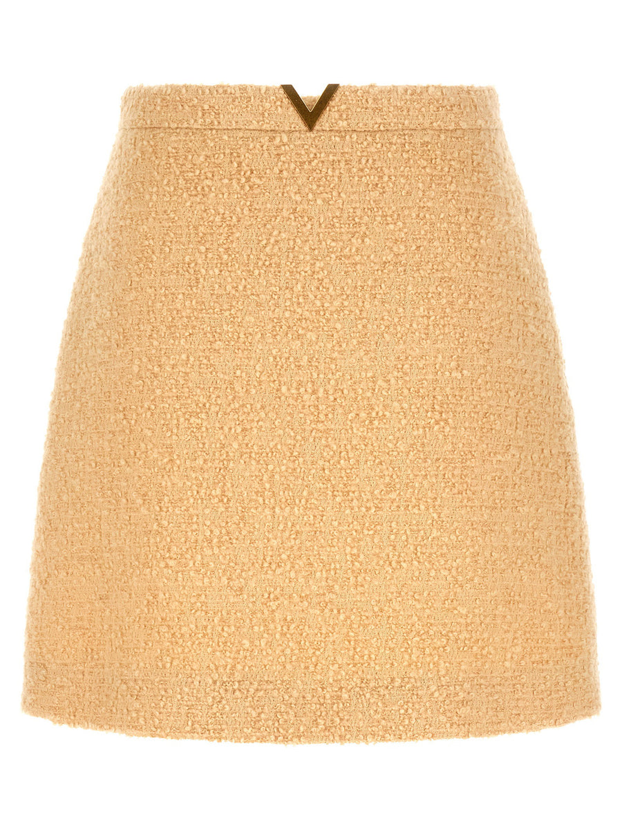 Valentino Garavani Curly Wool Tweed Skirt — Beige