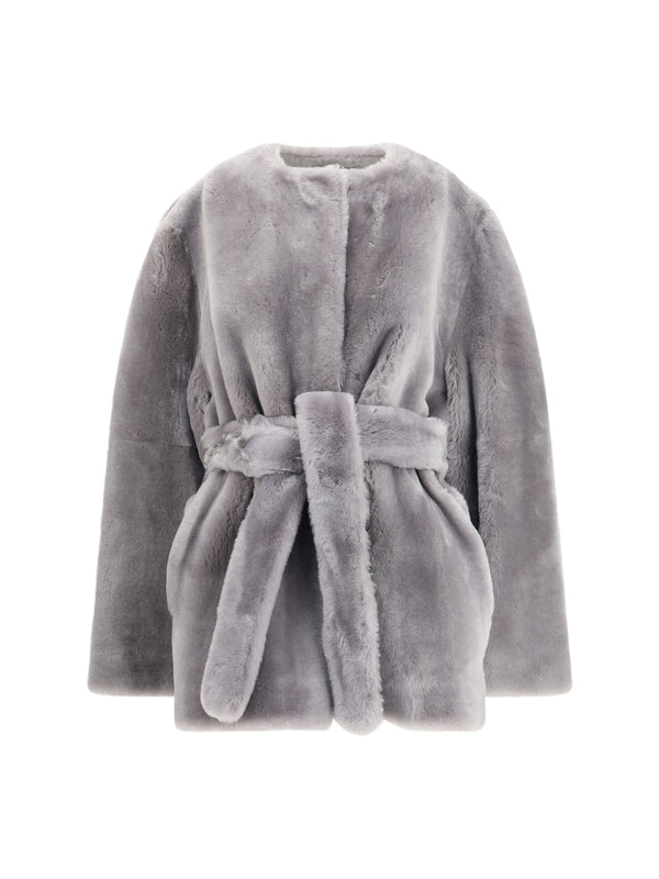 Shearling Belted Coat Grey Fur Jacket