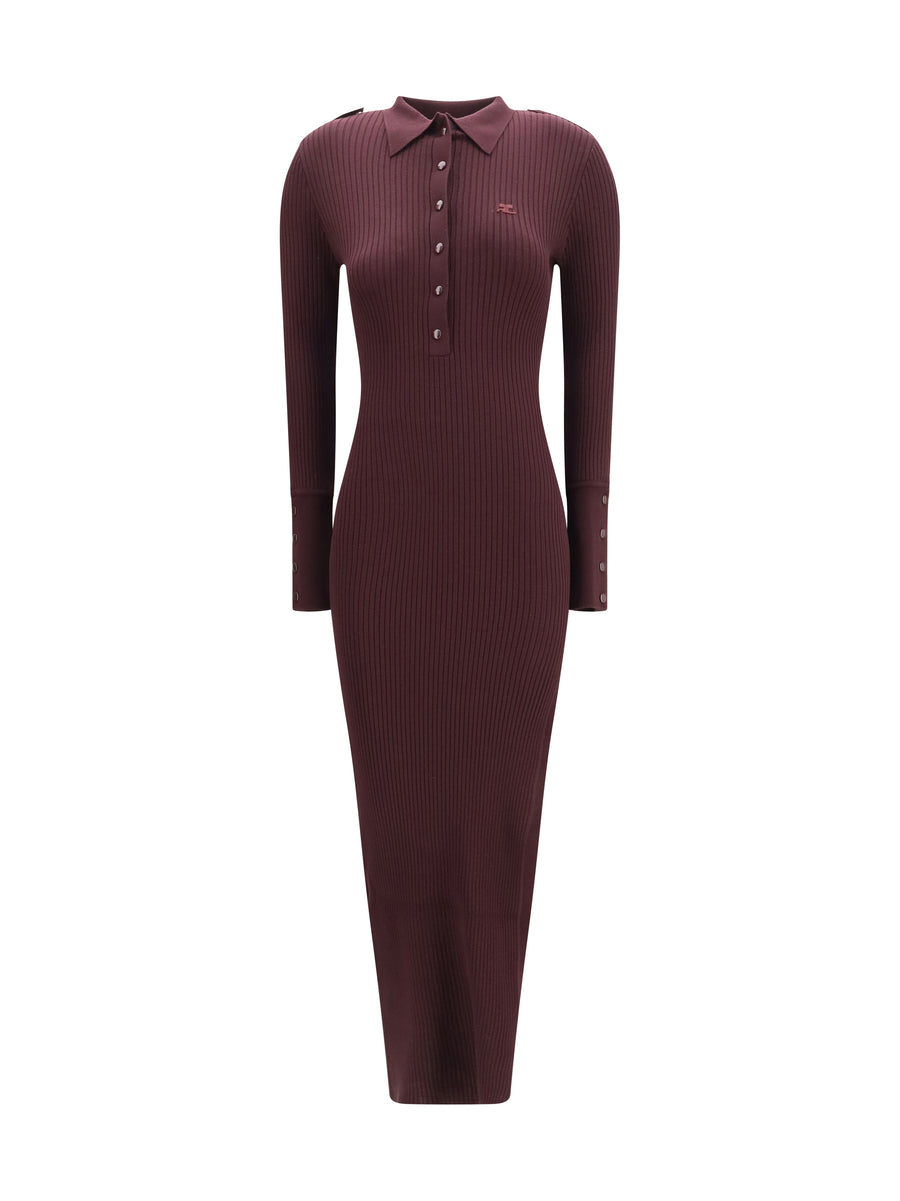 Rib Knit Polo Long Dress Burgundy Viscose; Polyester