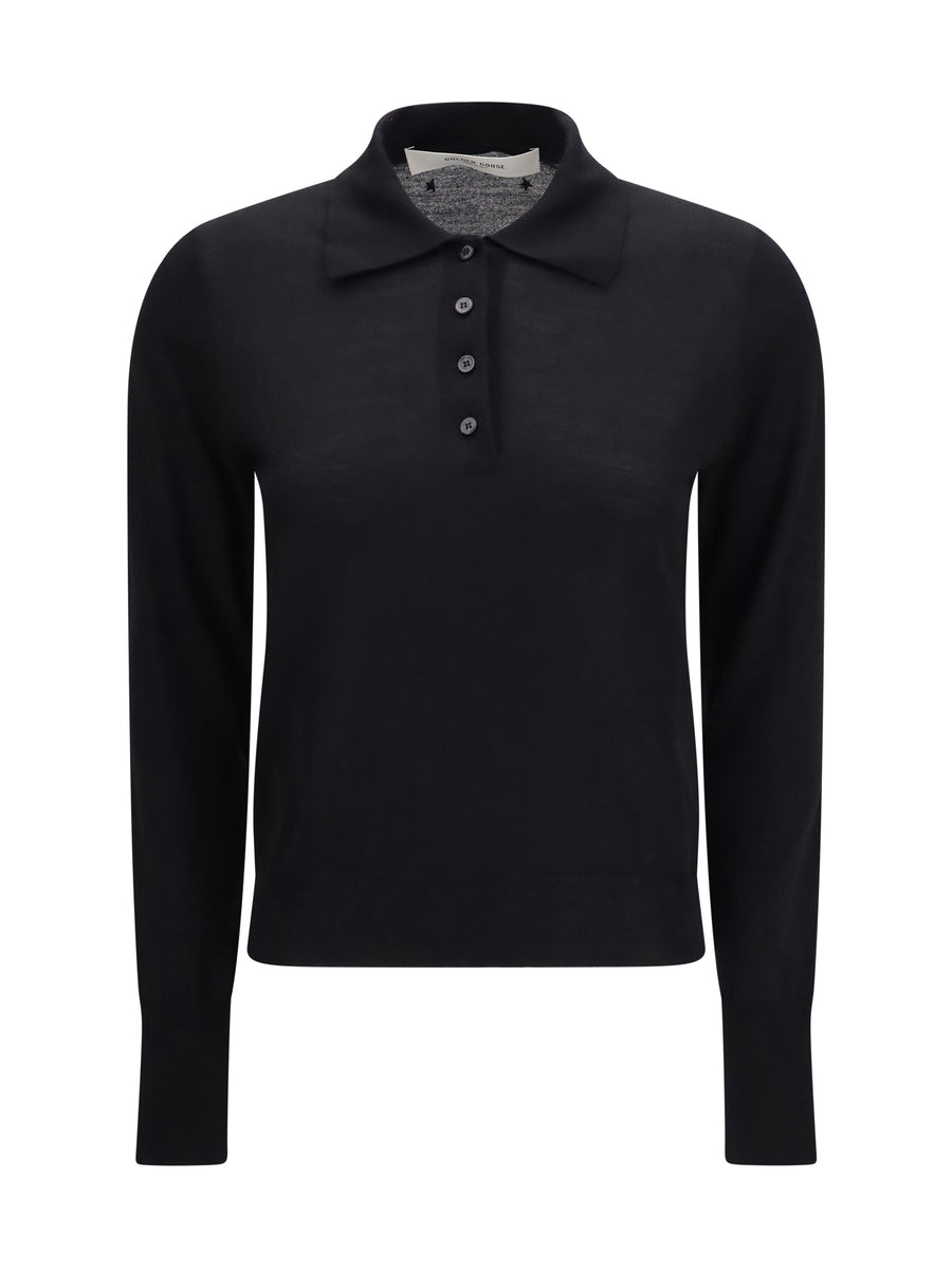 Long Sleeve Merino Wool Polo Black Ovis Aries Knitwear